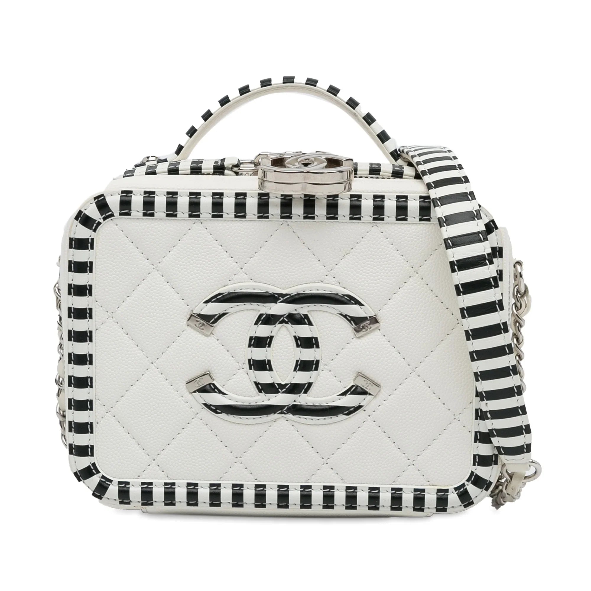 Pre-Owned Caviar Bag Small CC White Leather Vanity Unisex (Like Authenticated Filigree Chanel New)