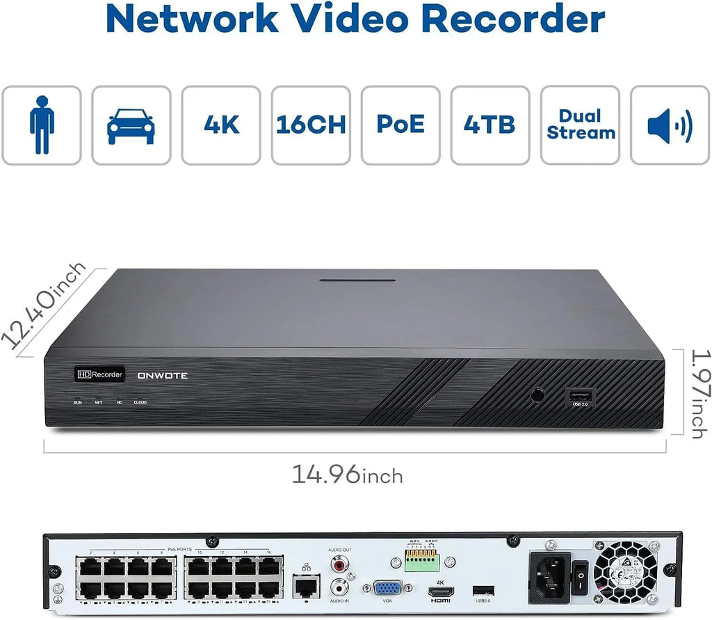 Camera Human AI ONWOTE Outdoor pre-installed Vehicle 8MP 16pcs Security with 6MP System, 16 Channel Recording, HDD 4K PoE NVR Surveillance Detection, PoE Business for Cameras, 16CH & 24-7 4TB IP 4K