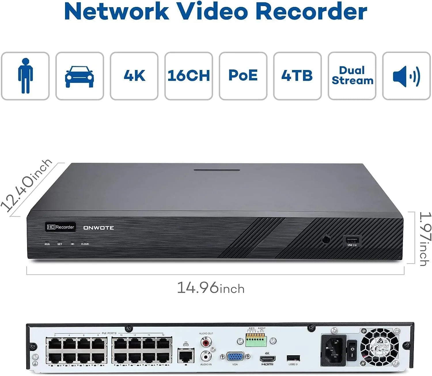 Camera Human AI ONWOTE Outdoor pre-installed Vehicle 8MP 16pcs Security with 6MP System, 16 Channel Recording, HDD 4K PoE NVR Surveillance Detection, PoE Business for Cameras, 16CH & 24-7 4TB IP 4K