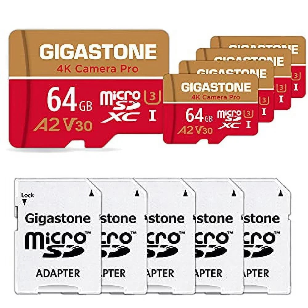 Class 5 Cam, Video GoPro A1 Gigastone Pack 10, with Pro, Camera V30 SDXC Dash Switch, Recording, MB/s, 4K Card, SD up Micro (5x64GB) Micro UHS-I 64GB 4K to R/W 95/35 Cameras, compatible Nintendo
