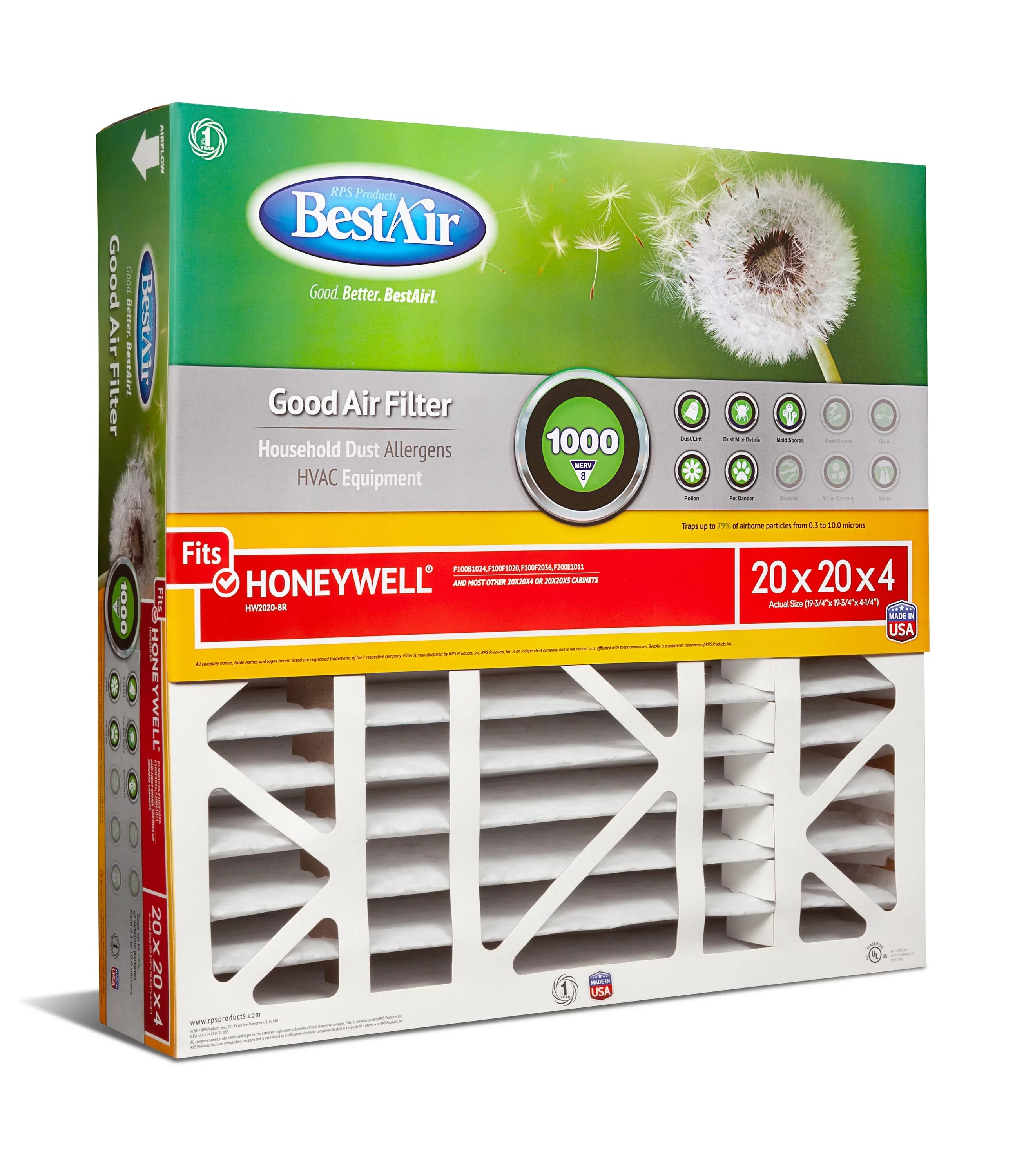 8 20x20x4 BestAir Furnace 1000 HW2020-8R Filter Honeywell Series MERV