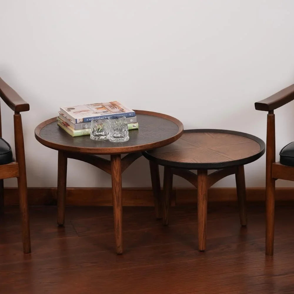 Bedroom, Room, & Coffee - Balcony Wood Table, Table with Standard for Oak Round Solid Side Living Solid Structure Hardwood Feet Table CONSDAN Nesting