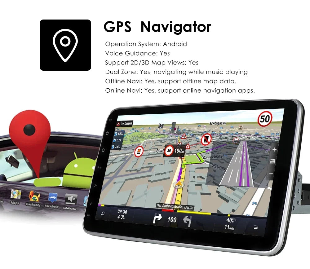 1 Auto Carplay& 10.1'' Hizpo Navigation Single Radio Rotatable Car Android Stereo Screen Bluetooth With GPS Wifi Touch Android Apple DIN 10