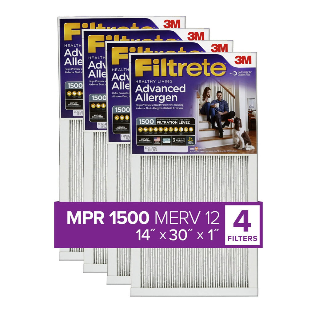 Filtrete Reduction, Filters Advanced 4 Filter, 1500 MERV MPR Air 14x30x1 12, Allergen