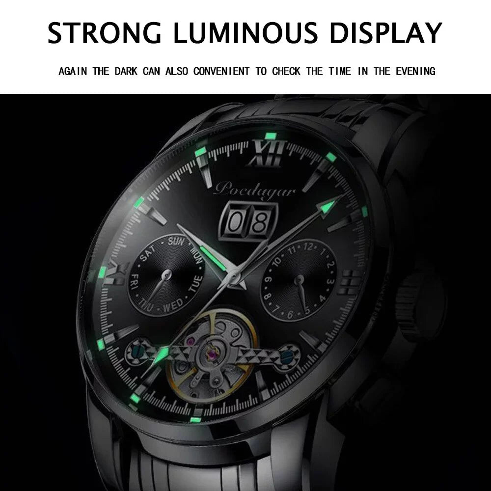 New Wristwatch Men Genuine Sports Mechanical Brand POEDAGAR Clock Chronograph Automatic Top Men Leather Luxury Watches