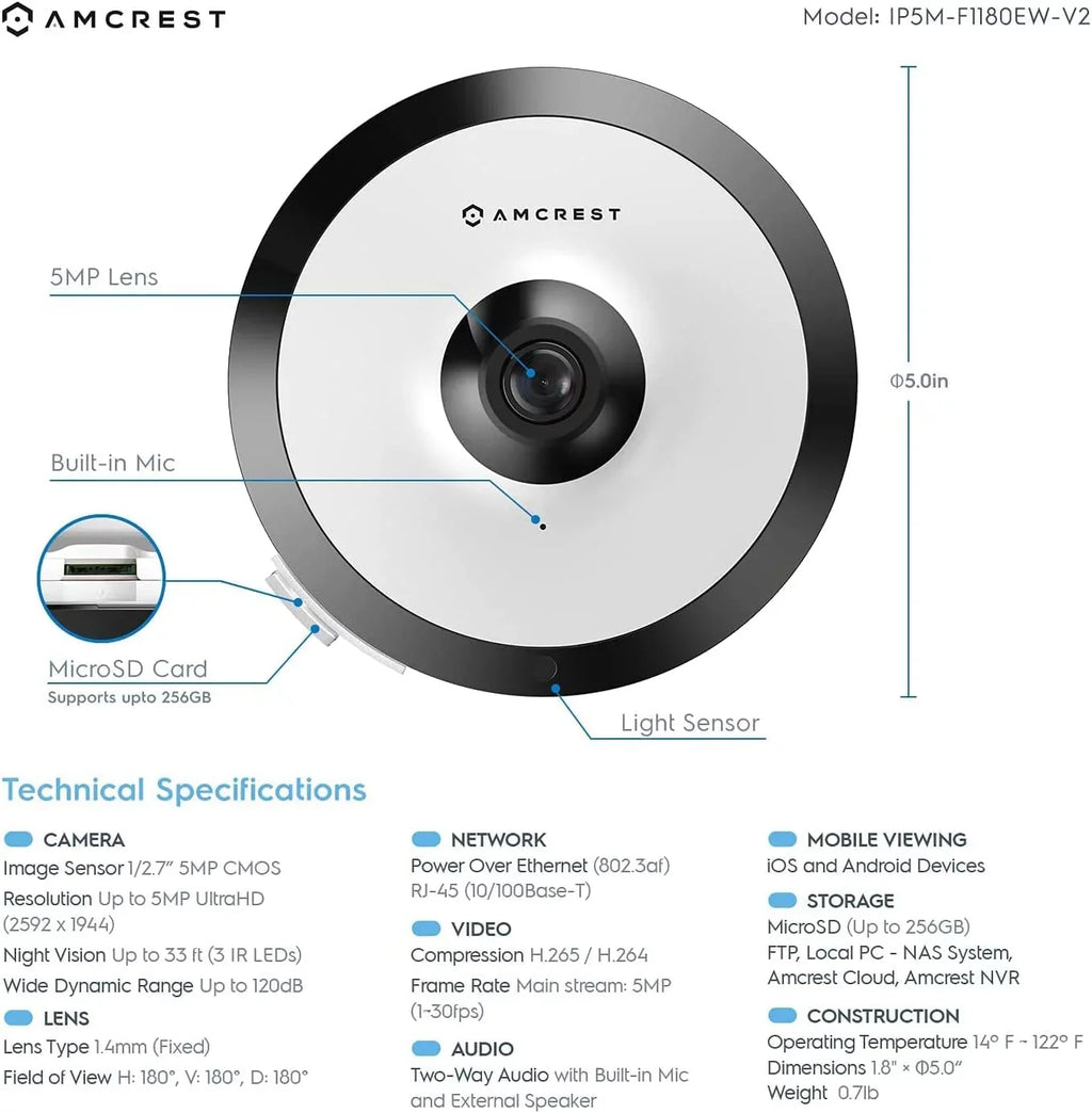 UltraHD Amcrest IP5M-F1180EW MicroSD 33ft (White) Indoor, Lens, PoE 360° 5-Megapixel Cloud Nightvision, Recording, Panoramic Coverage, Camera Fisheye Camera, 1.4mm Security and Camera