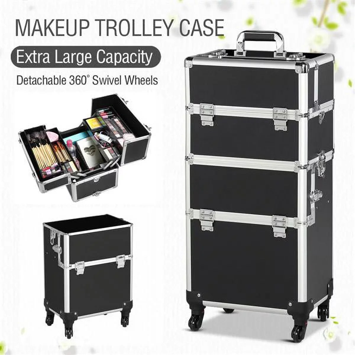 Rolling Makeup Professional 3-in-1 Easyfashion Case, Black Cosmetic
