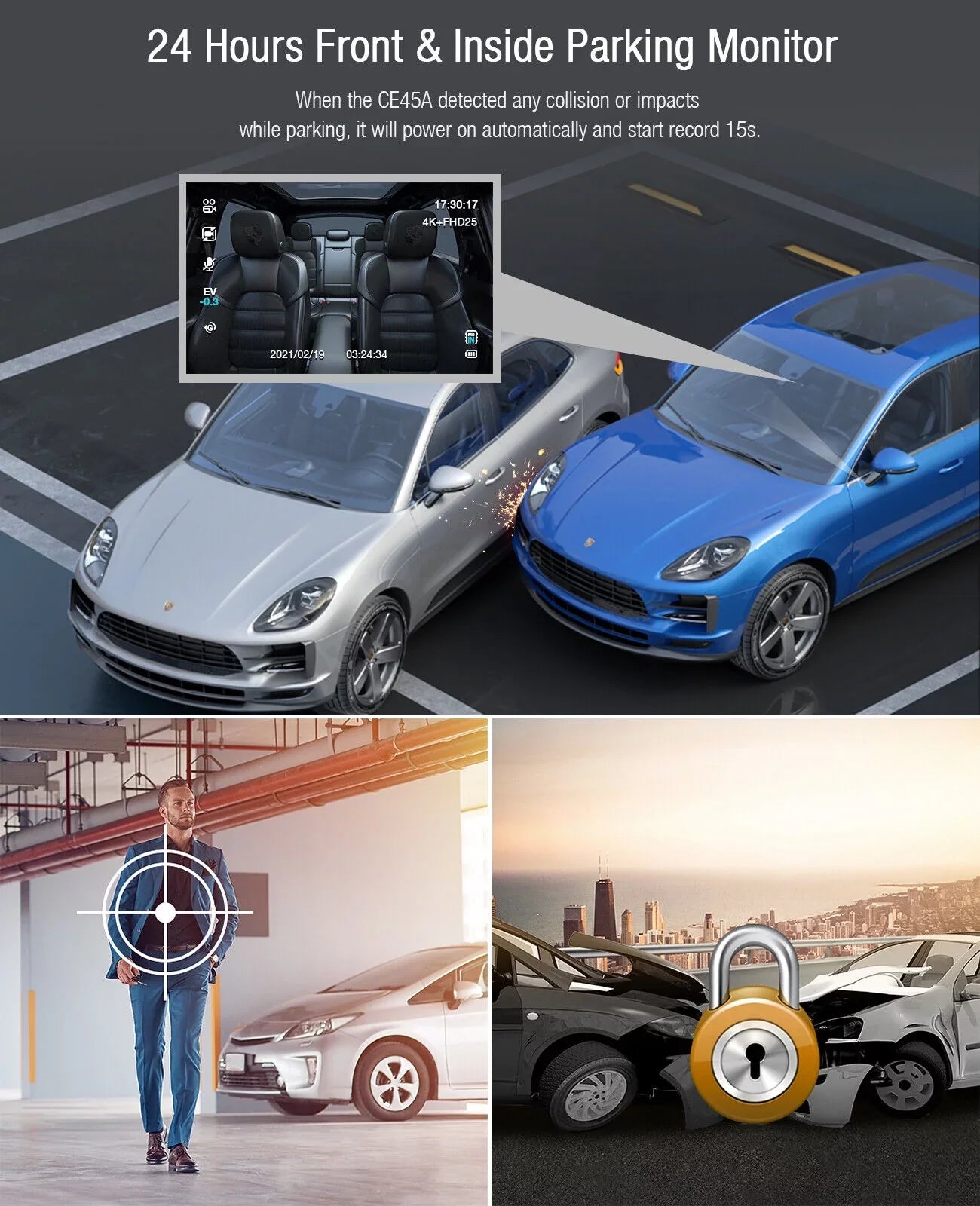Camera Loop Screen 4K+1080P Mode Dash 3" and Recording G-Sensor 4K TOGUARD Parking Camera Inside Car Cam LCD Dash Front