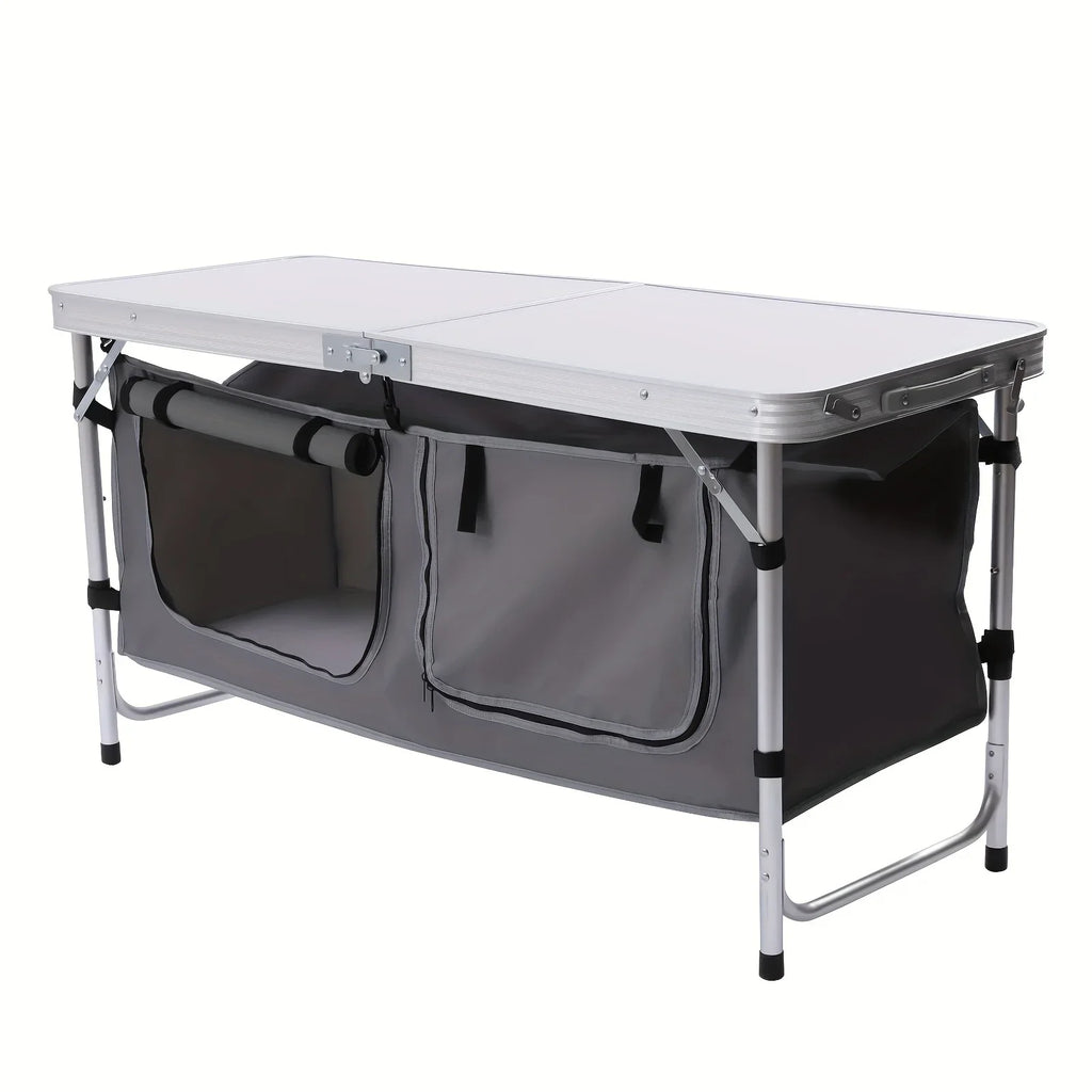 Adjustable BBQ Tailgating Backyards Compartment Table Height Table Indoor Perfect Camping Kitchen Outdoor Picnic Camp Lightweight Table with Folding Storage for