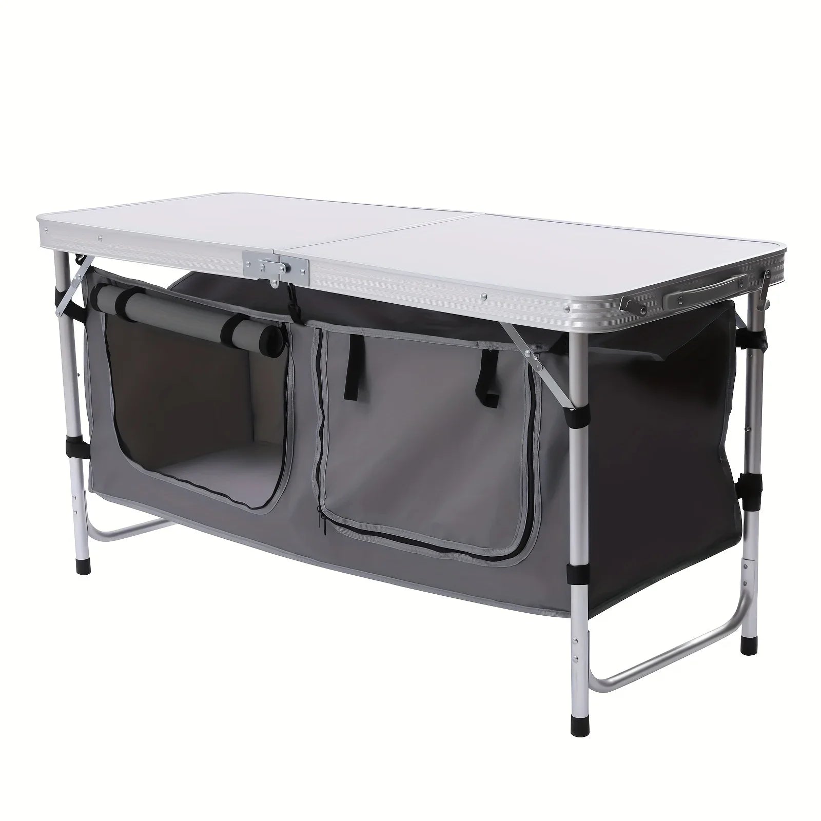 Adjustable BBQ Tailgating Backyards Compartment Table Height Table Indoor Perfect Camping Kitchen Outdoor Picnic Camp Lightweight Table with Folding Storage for