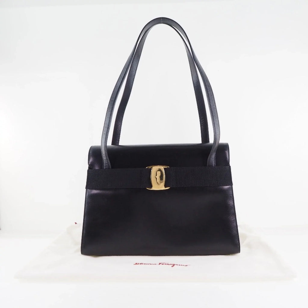 Salvatore BK-21 Calf Pre-Owned Shoulder (Fair) Black Bag Women's 7675 Vara Ferragamo