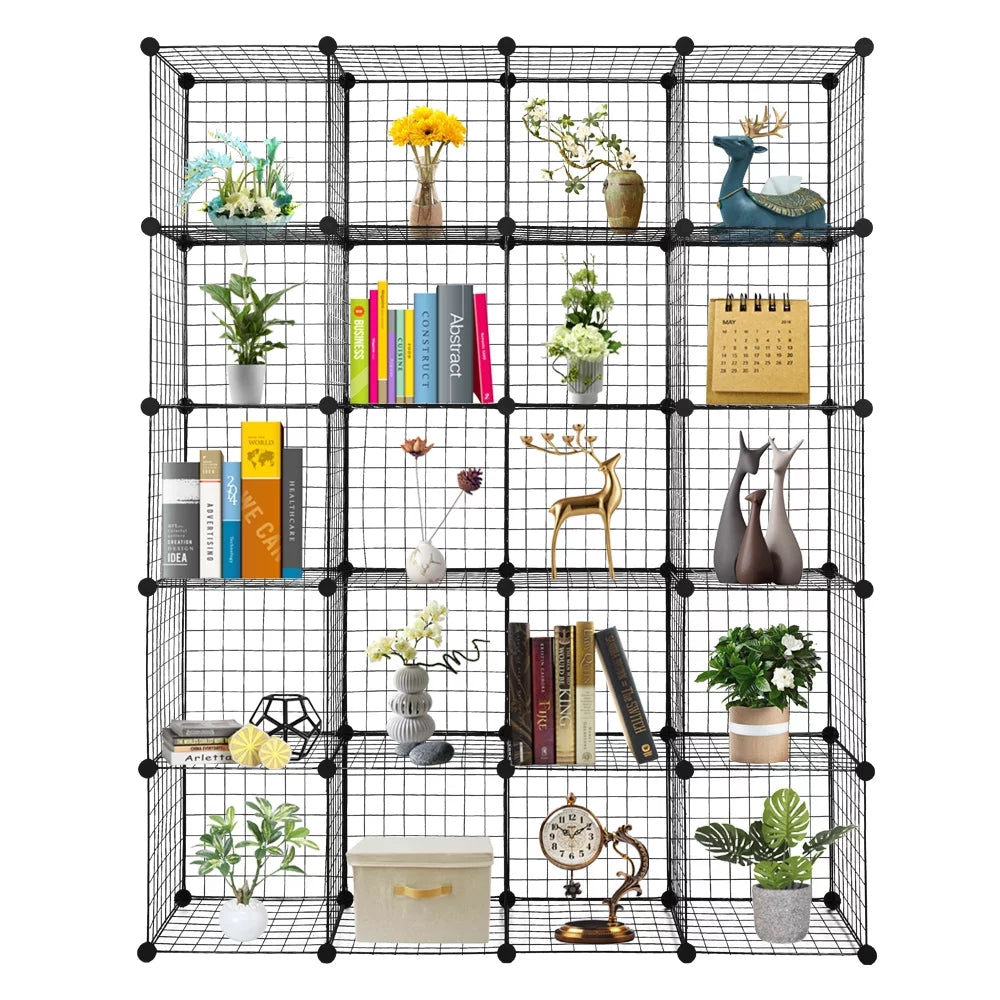 Black Storage Grid Modular 20-Cube Shelving Bookcase Organizer Cubbies Unit Metal