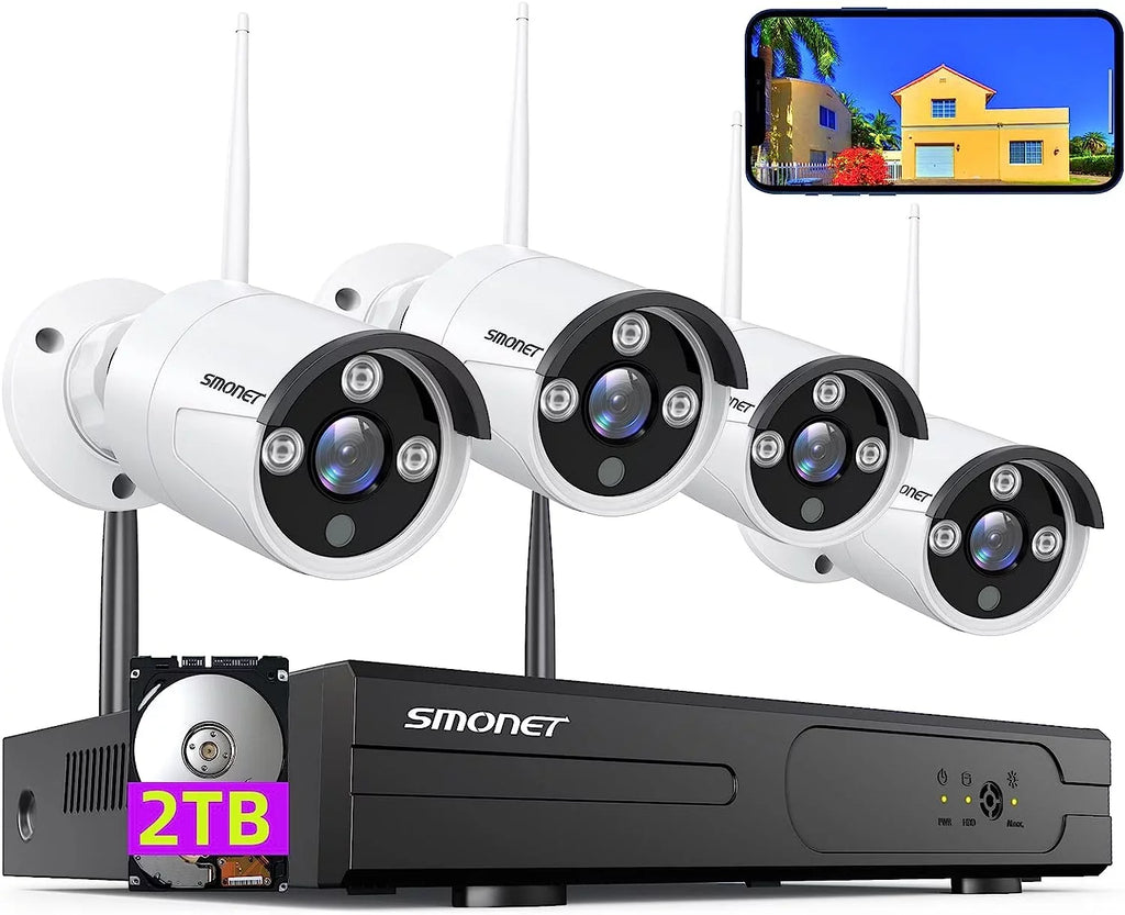 Cameras System Detection NVR than Outdoor HDD, Human System,Clearer 3MP Audio Surveillance WiFi Channel Camera Indoor 1080P,Night CCTV Kits, Vision,AI Security with 4Pcs with 8 Wireless 2TB SMONET