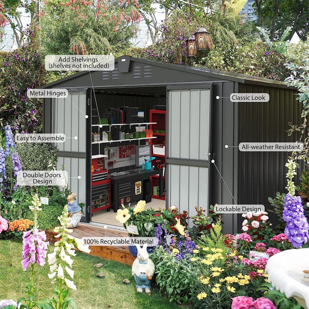 Shed Garden Storage Trash Black) 10'X Door Cabinet Lawn Steel for Backyard, Outdoor Outdoor Storage Can, Tools, with Galvanized Patio, (10X8ft, Homiyad Shed for Lockable 8', Bike, Metal