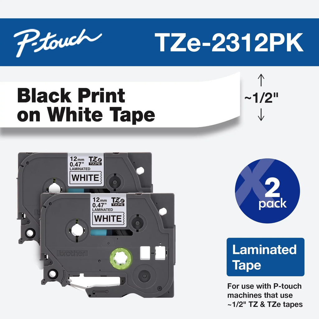 Tze on Labeling White, Standard 2/Pack 1/2"w, Tapes, Laminated Adhesive Brother Black P-touch