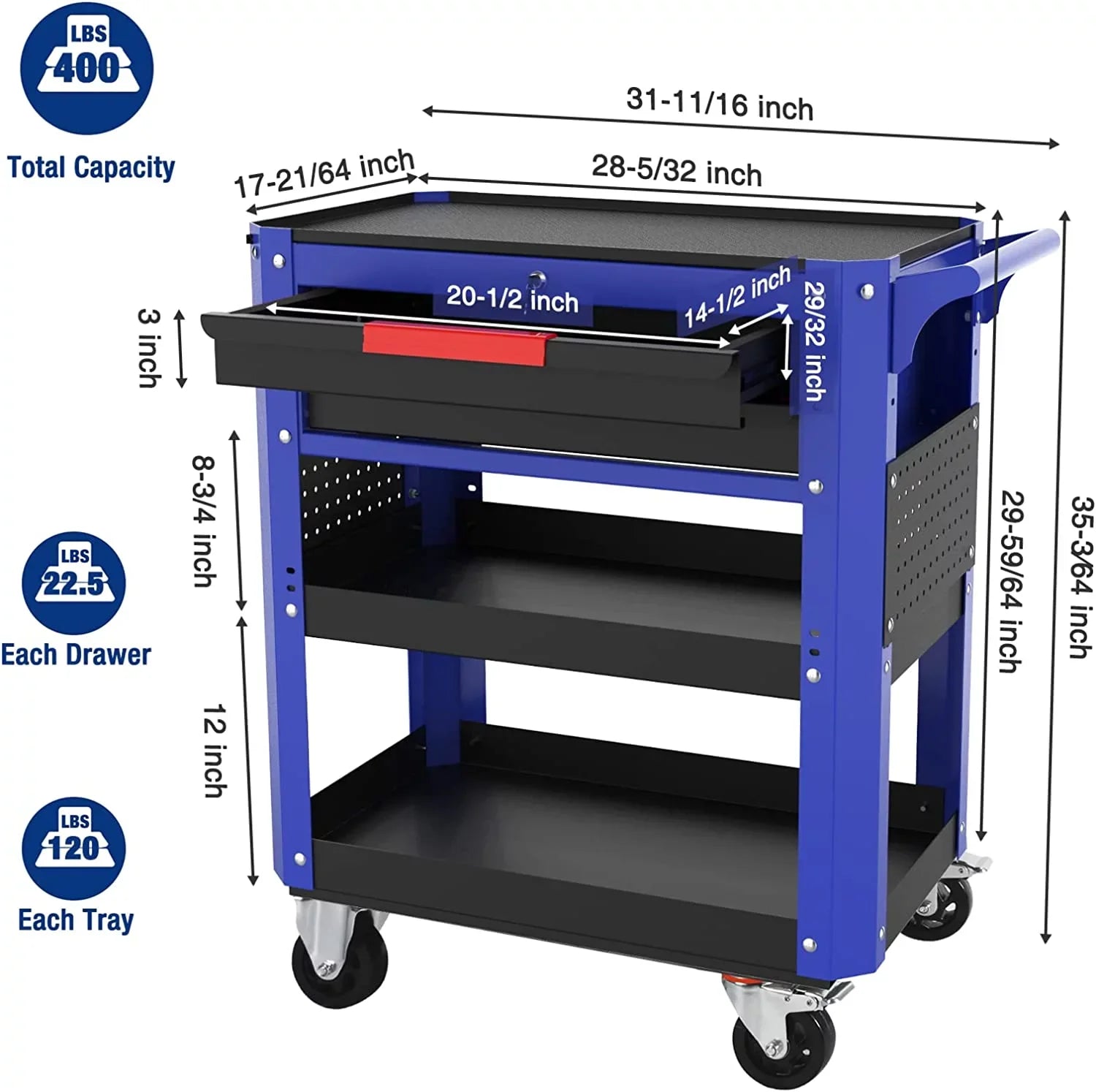 Organizer Duty lbs System, Wheels Cart, Workshop, Tool and Heavy 400 Service Cart with Utility 28" Mechanic, Premium Industrial Storage Load Locking Warehouse, WORKPRO Rolling for 2-Drawer Garage,