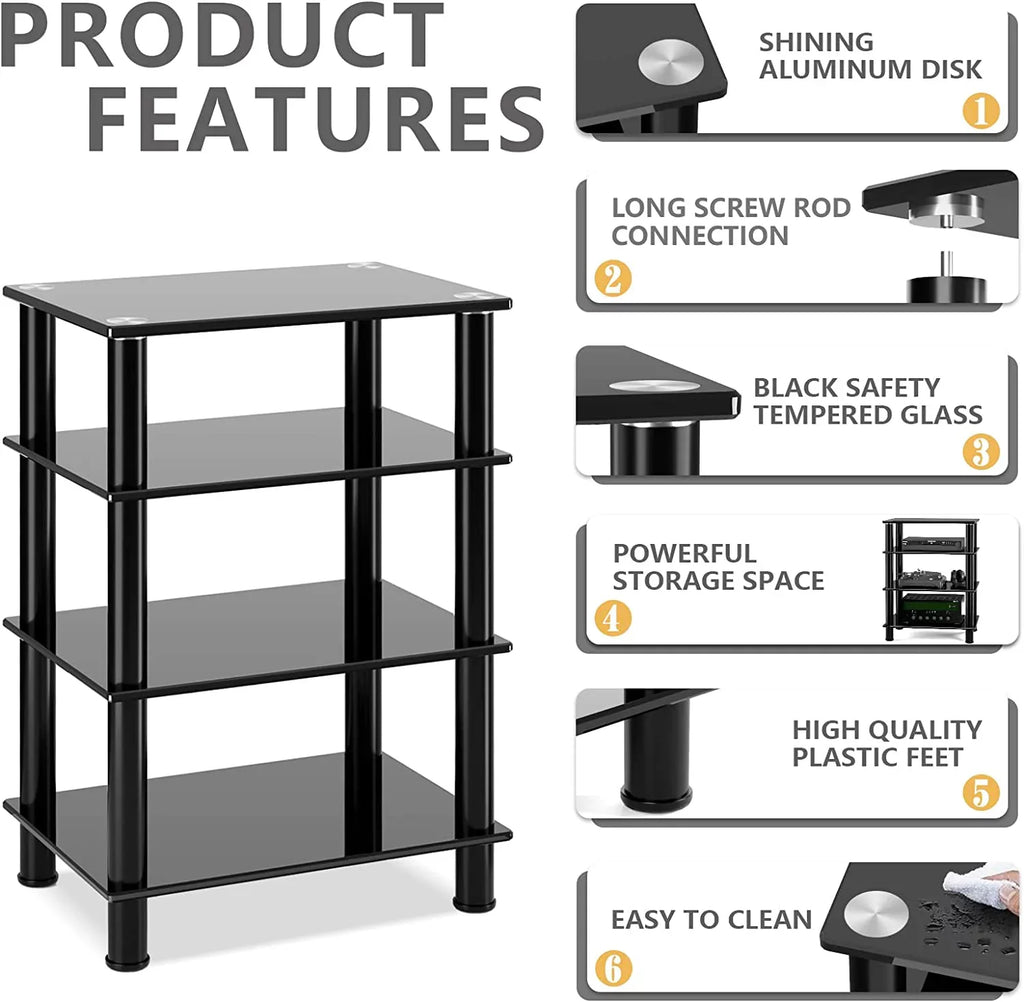 Compontent Tempered Media Shevles TV, Gaming Video Consoles, 4-Tiers Component, Tower Device Stand for TV Glass Media Streaming