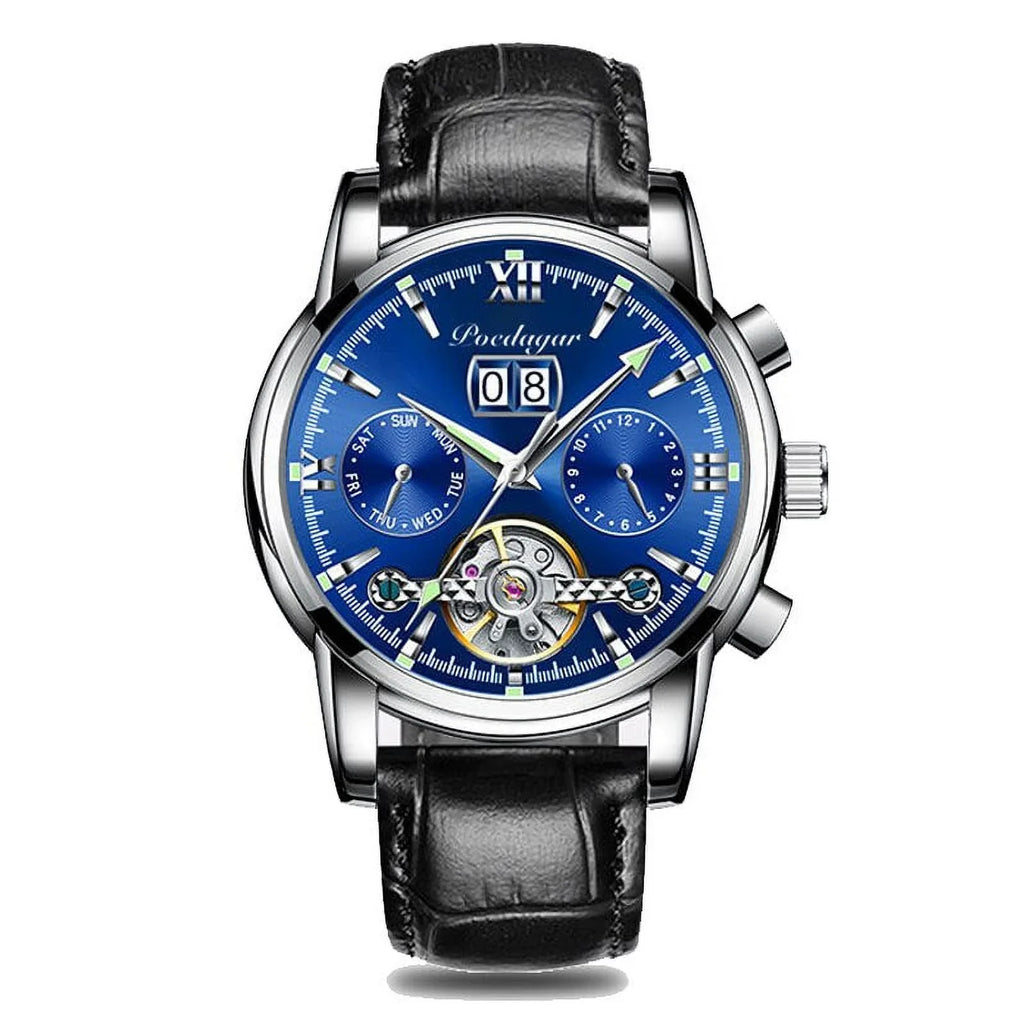 New Wristwatch Men Genuine Sports Mechanical Brand POEDAGAR Clock Chronograph Automatic Top Men Leather Luxury Watches