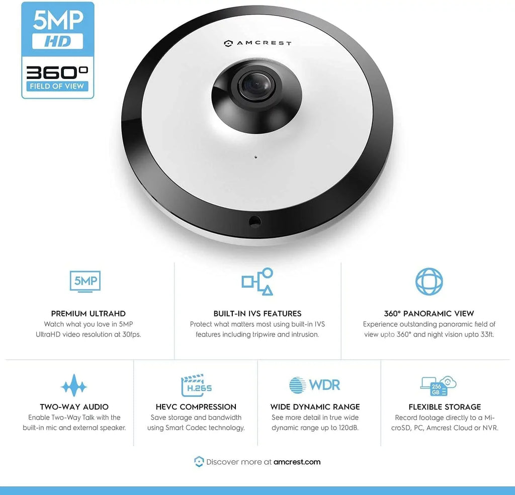 UltraHD Amcrest IP5M-F1180EW MicroSD 33ft (White) Indoor, Lens, PoE 360° 5-Megapixel Cloud Nightvision, Recording, Panoramic Coverage, Camera Fisheye Camera, 1.4mm Security and Camera