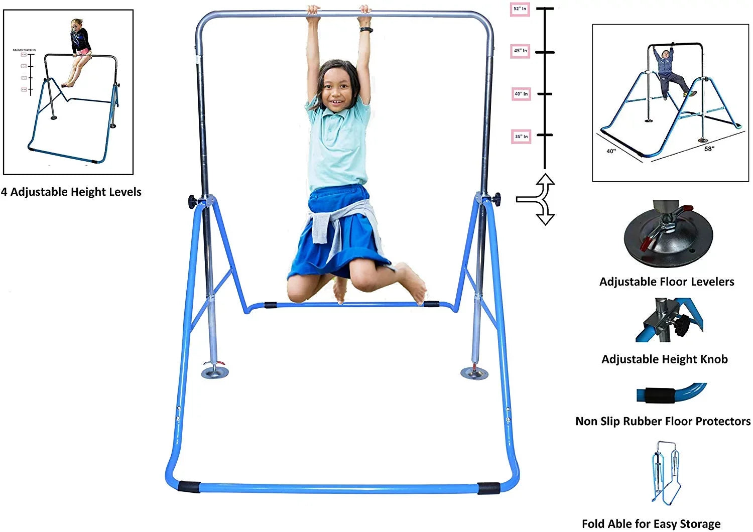 Bars Bar Gymnastics Kip Kip Kids Monkey Blue Tower Height for Climbing Horizontal Adjustable Bar Folding Training Gymnastic with Expandable Bar Fitness Mat