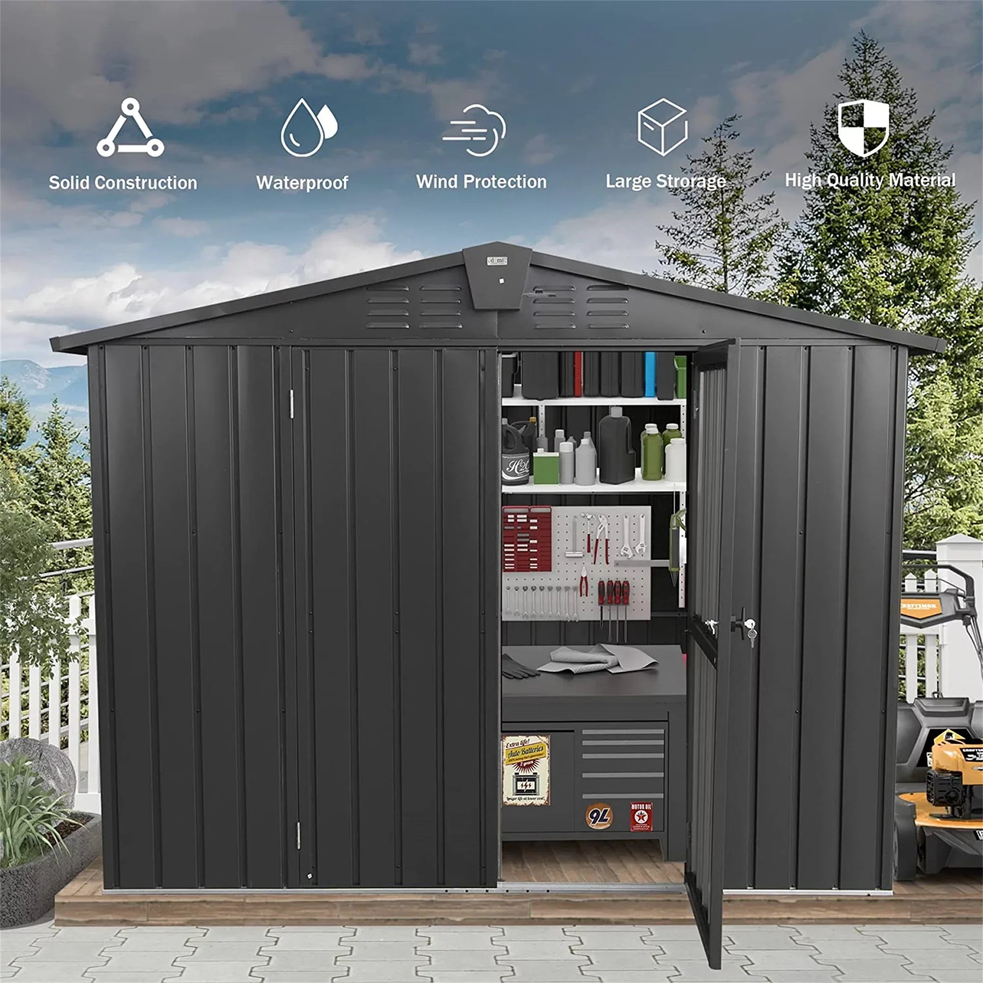 Metal Outdoor Backyard, with for Storage Patio, Storage Trash Outdoor Galvanized Capri Lockable 8.2'x Shed, 6.2' Lawn, for Bike, Shed Steel Door Can, Garden Black Cabinet