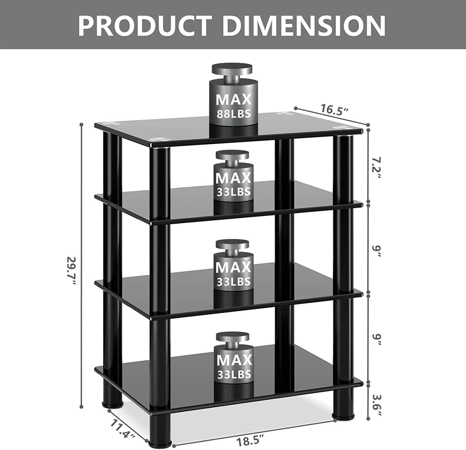 Compontent Tempered Media Shevles TV, Gaming Video Consoles, 4-Tiers Component, Tower Device Stand for TV Glass Media Streaming