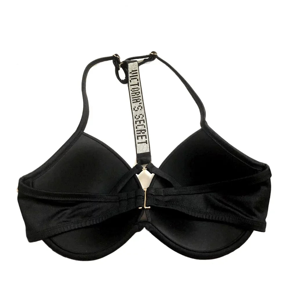 Shine NWT Victoria's 34DDD Fabulous Secret Swim Bikini Black Push Size Top Strap Up