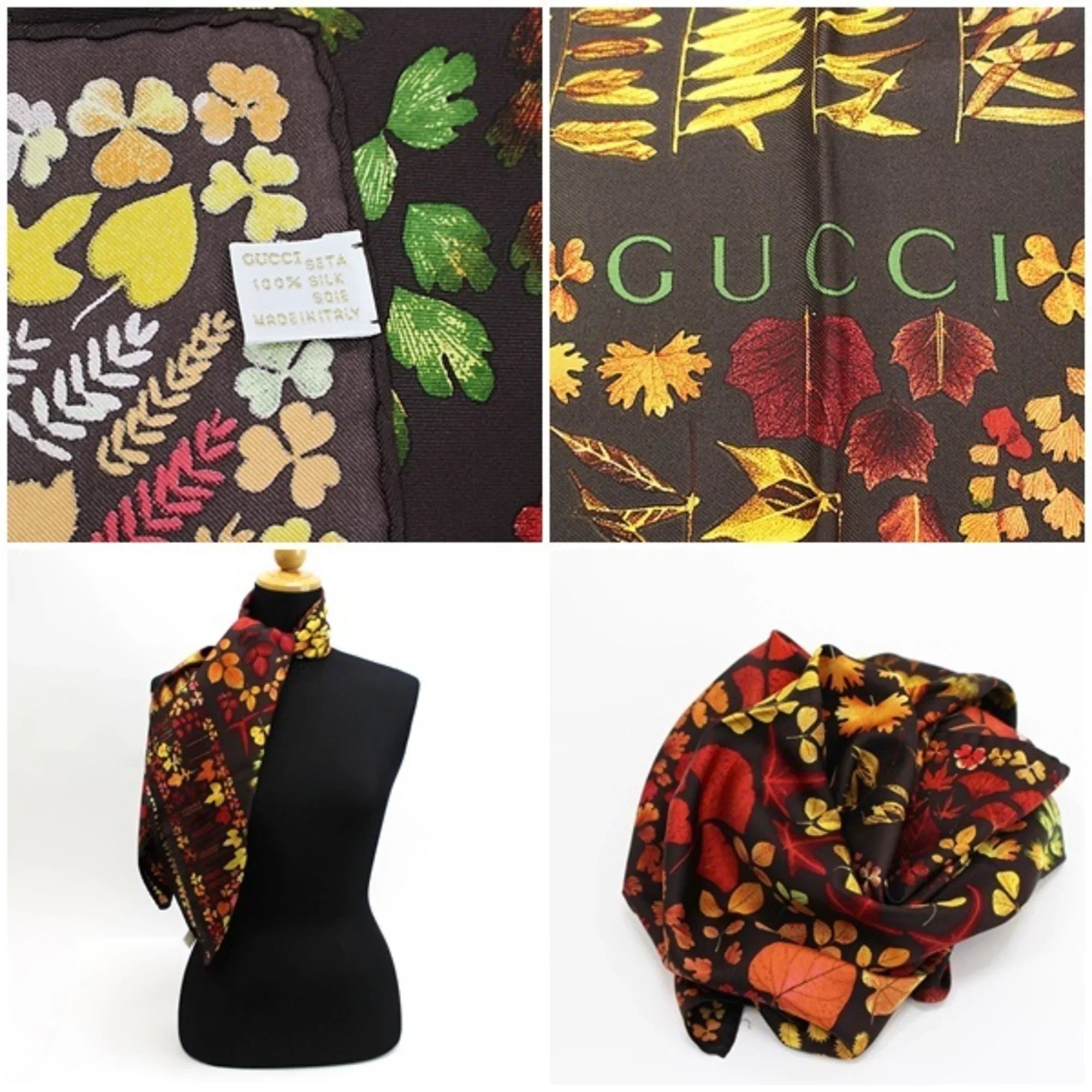 (Good) Leaf Stole Brown Pre-Owned Scarf Silk Autumn Pattern GUCCI Muffler Ladies | Gucci