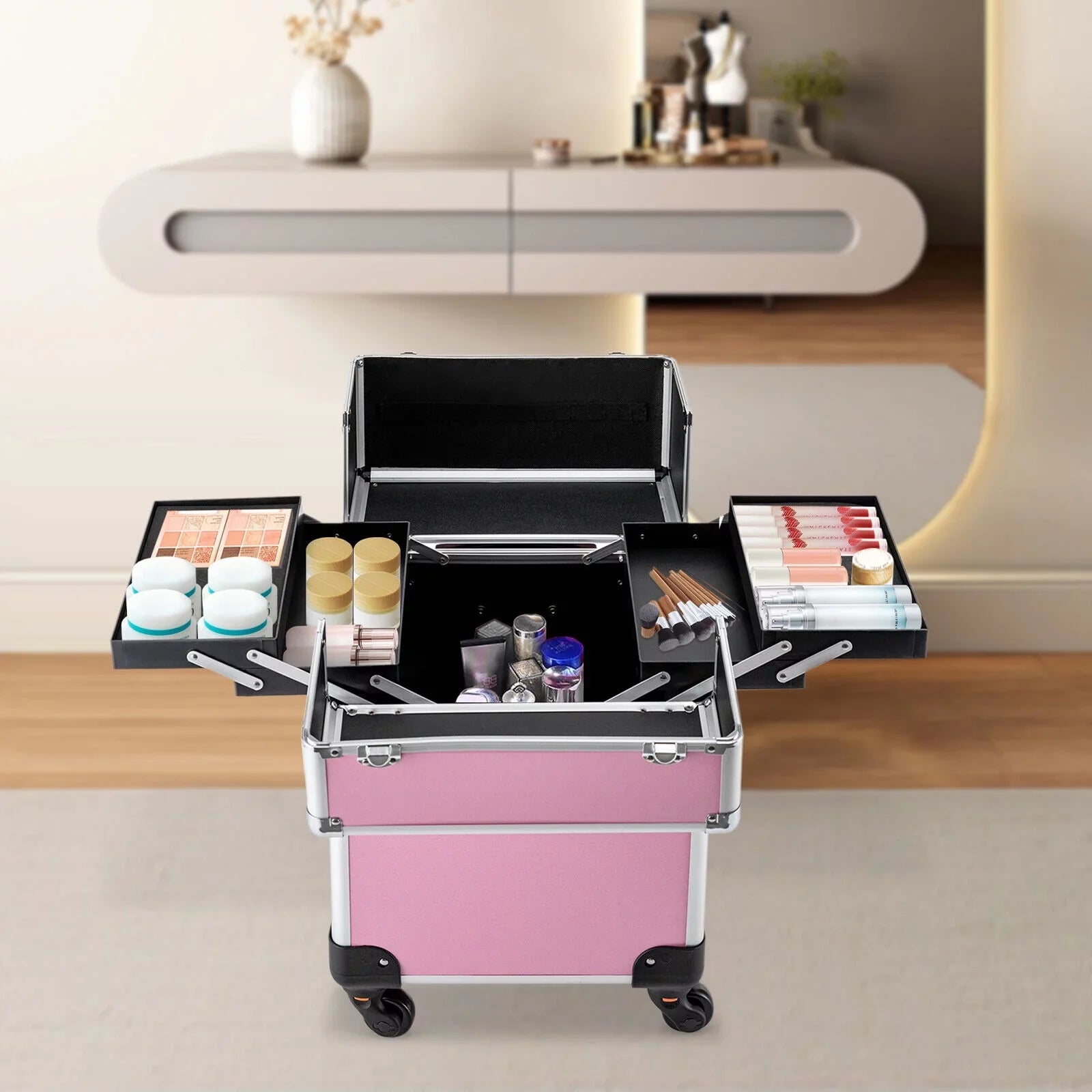 Makeup Cosmetic Trolley Large Adjustable Barber Organizer Miumaeov Personal Case Dividers for Travel Salon Care Cosmetic Professional Train Case Case Beauty Storage Rolling