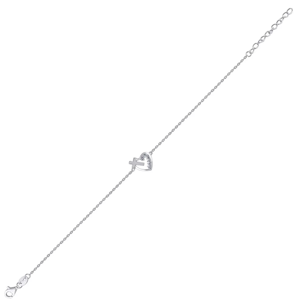 Rolo Cross Heart for Link Cubic Auriga Silver Sterling Women 925 Bracelet Zirconia and