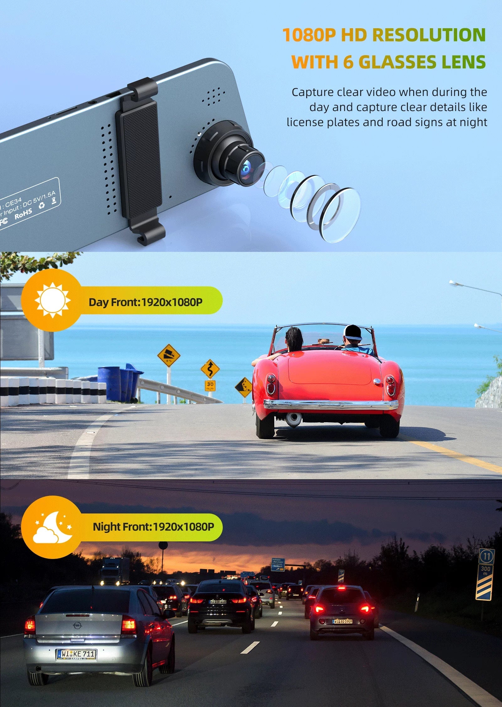 Full Lens with Front TOGUARD Backup Rear Camera HD Dual Rear 5" Camera Dash Waterproof Cam 1080P and
