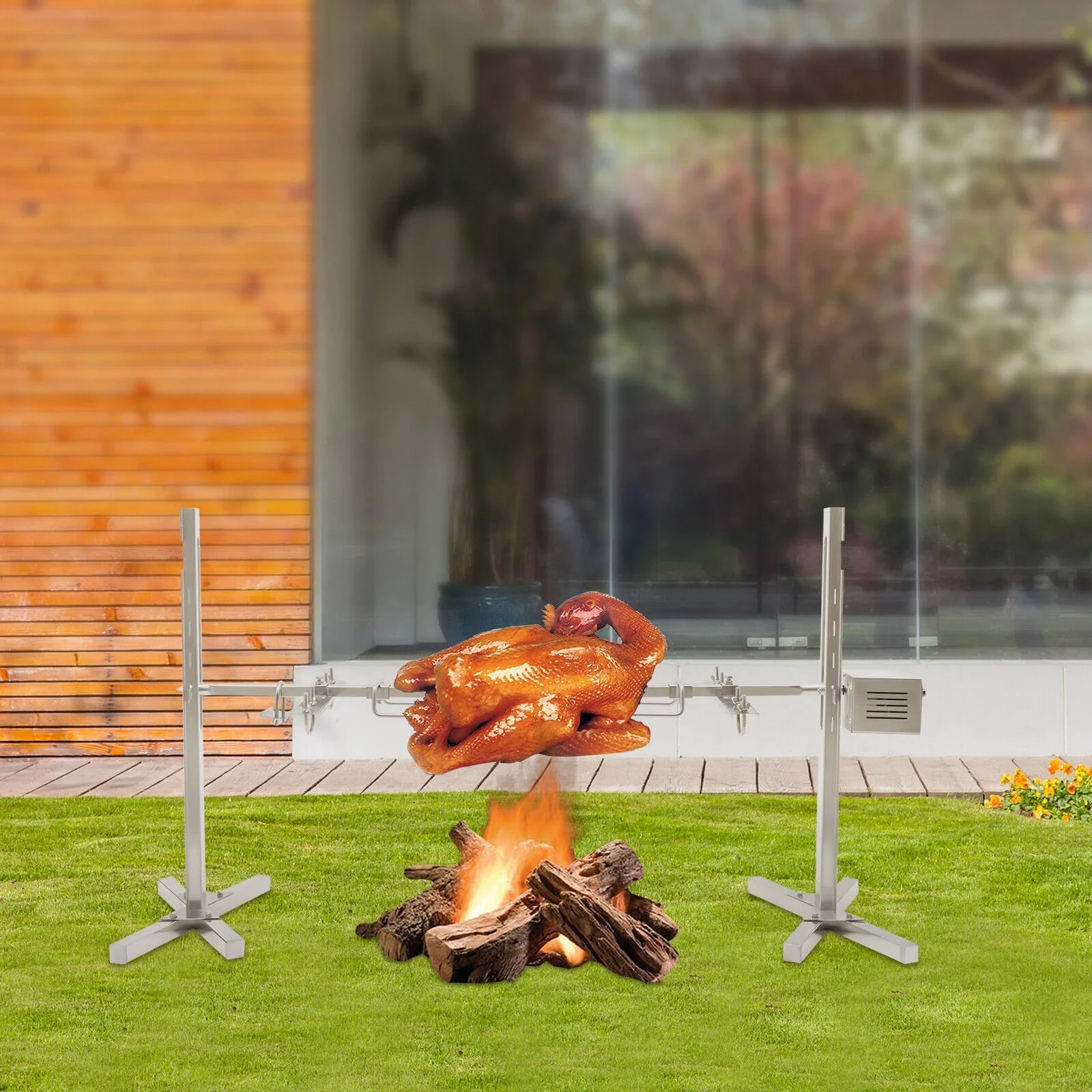 Barbecue Roaster 53'' Outdoor Picnic Cooker Spit 15W Kit Lamb Stainless Pig Chicken BBQ Rotisserie Grill ZhdnBhnos Steel Large Electric