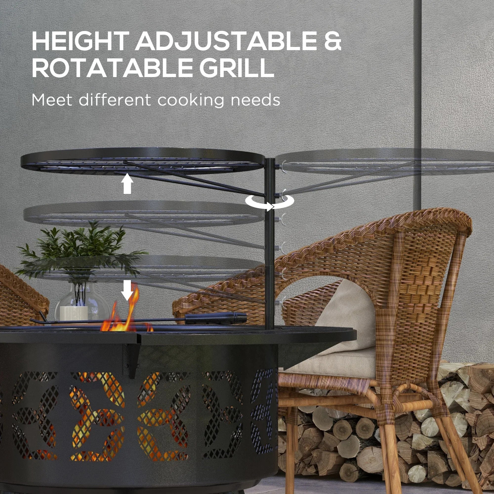 for Burning Cooking Outdoor with Round, Poker, 33" Grill Black Backyard, Grate BBQ Picnic, Fire and Wood Adjustable Capri Firepit Pit Patio,