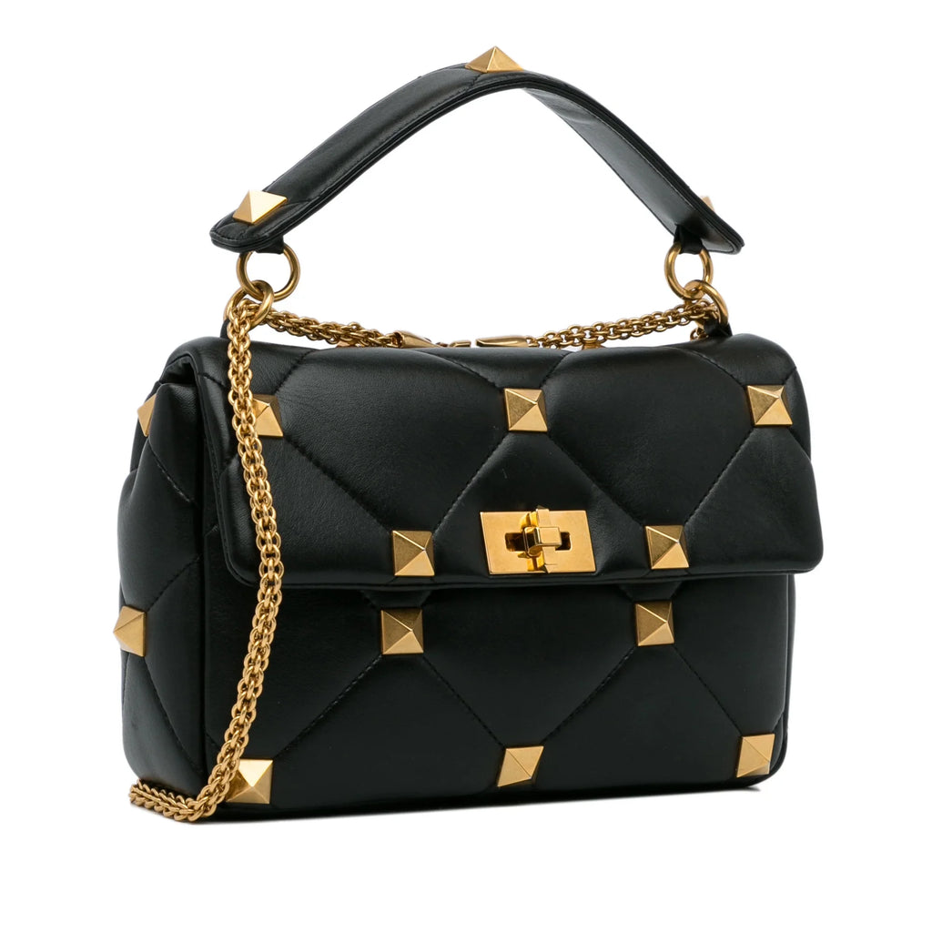 Medium Calf Stud Pre-Owned Satchel Unisex (Good) Black Authenticated Roman Valentino Leather