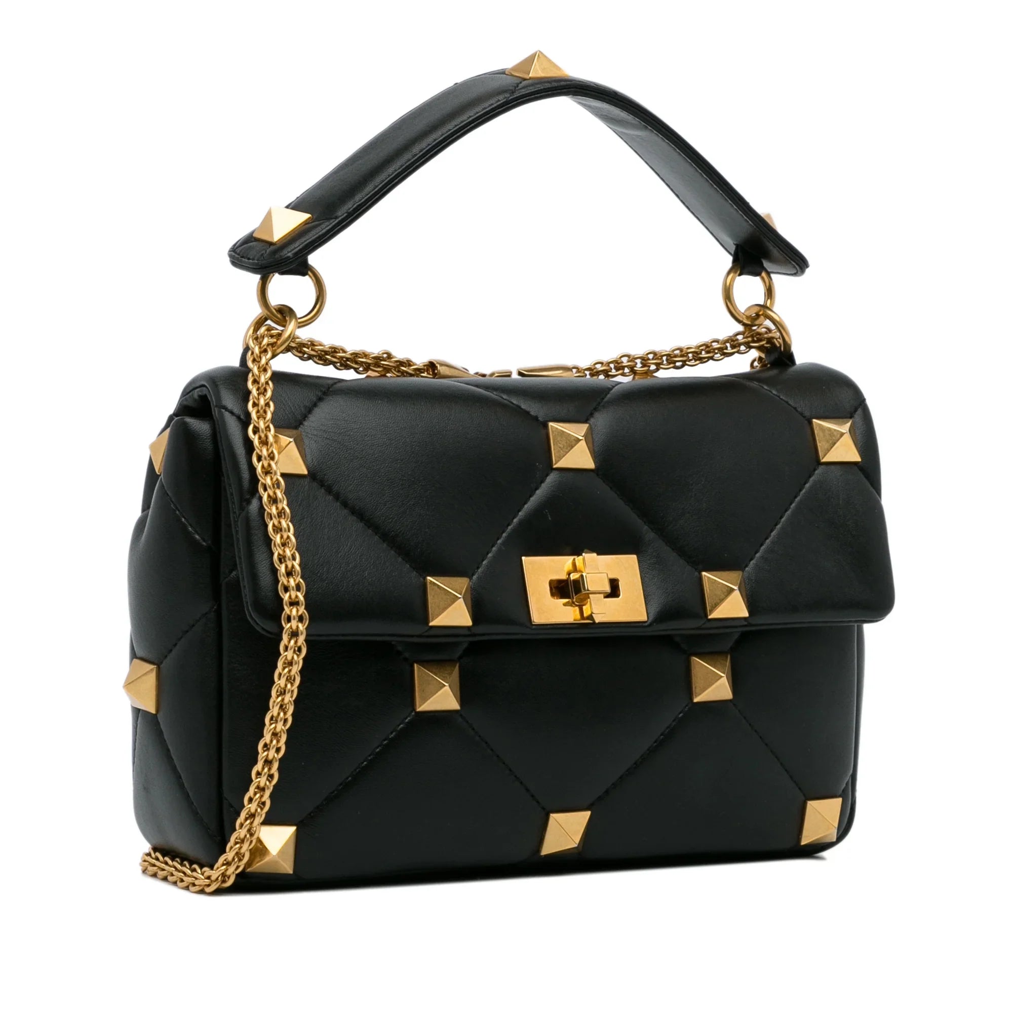Medium Calf Stud Pre-Owned Satchel Unisex (Good) Black Authenticated Roman Valentino Leather