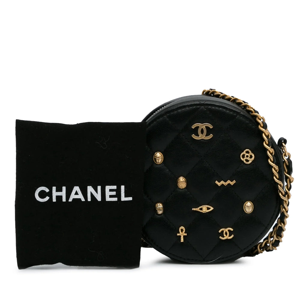 Bag Unisex Pre-Owned Leather Charms Lucky (Good) Chanel Lambskin Round Authenticated Black Crossbody