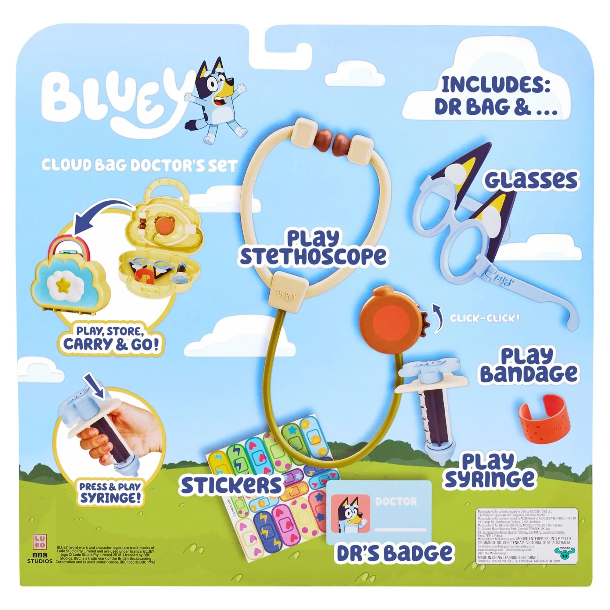 Cloud Ages Syringe, Pieces, Set, Bag toy Stethoscope, Bandage, Doctor's 7 Kids, Check 3+ Toy Preschool, and Doctor's Play Bluey Set, Toys for Playset more Up , Stickers, with Doctor