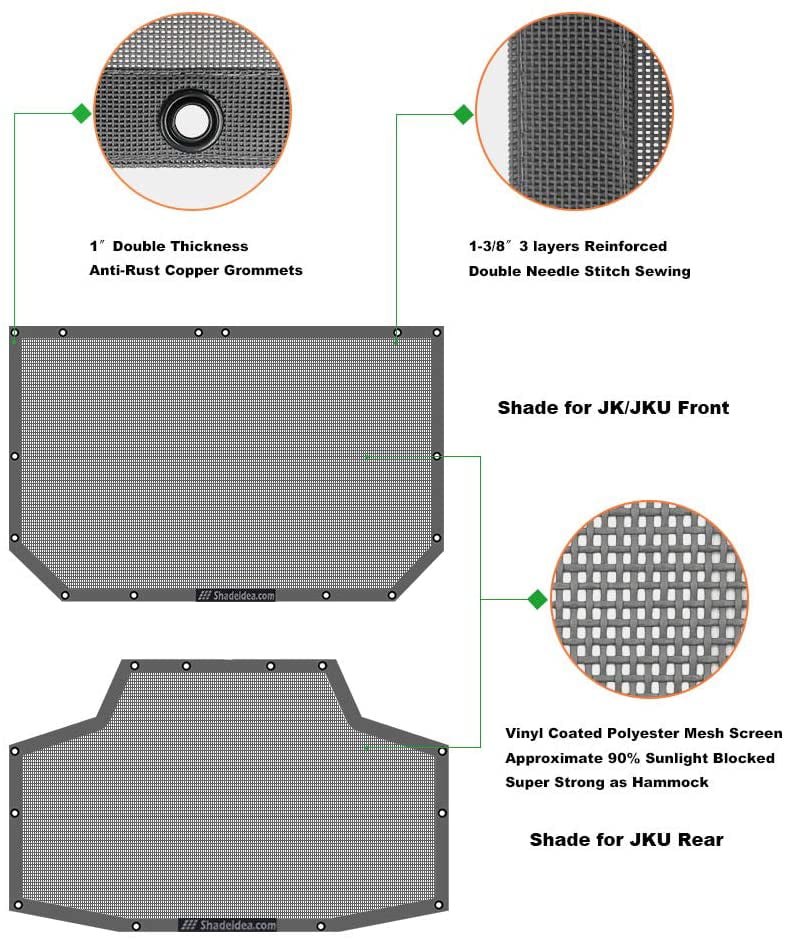 Shade Blocker (2007-2018) JK Front Sunshade Mesh Bag-10 Shadeidea Grab Screen with JKU Jeep Wrangler Unlimited 4-Door Sun Cover Warranty Top UV & Years Rear-Gray