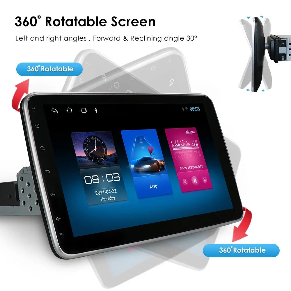 1 Auto Carplay& 10.1'' Hizpo Navigation Single Radio Rotatable Car Android Stereo Screen Bluetooth With GPS Wifi Touch Android Apple DIN 10