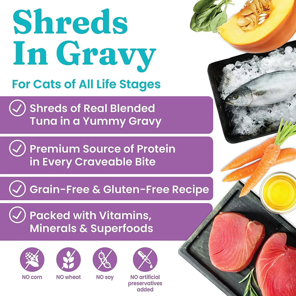 Superfood, Shreds Fish Wet Gluten Acids Canned Grain Can Food Free Minerals for Shreds Amino Cats with Real Gravy Gravy & - - Vitamins, - & in Cat - Protein, with 16ct/6oz Solid Gold Tuna