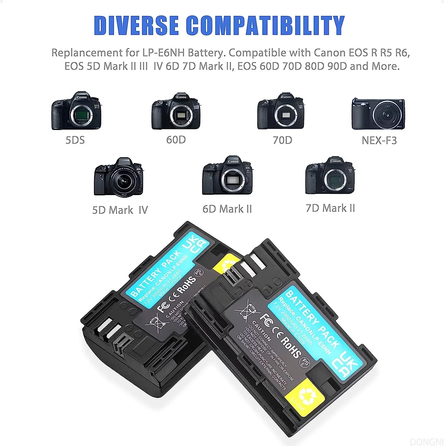 5DS 90D Mark Canon R6 R5 Charger Batteries 60D and 2-Pack EOS 70D 5D Dual 6D 7D 2950mAh LP-E6NH R for II/III/IV 80D Camera