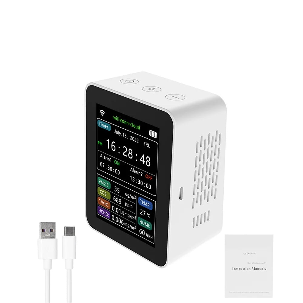 Alarm Date Quality Carevas Mobilephone Air Detector Display 1 TVOC CO2 Viewing Quality Home Week Sets Moni Remotes Desktop Humidity Detector PM2.5 Indoor Time HCHO 2 Intelligent WiFi 6 Air In APP