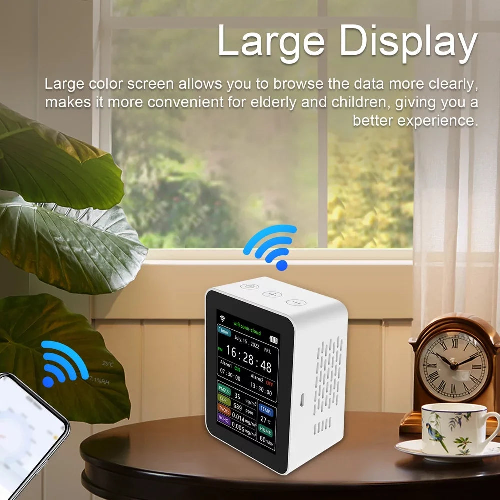 Alarm Date Quality Carevas Mobilephone Air Detector Display 1 TVOC CO2 Viewing Quality Home Week Sets Moni Remotes Desktop Humidity Detector PM2.5 Indoor Time HCHO 2 Intelligent WiFi 6 Air In APP