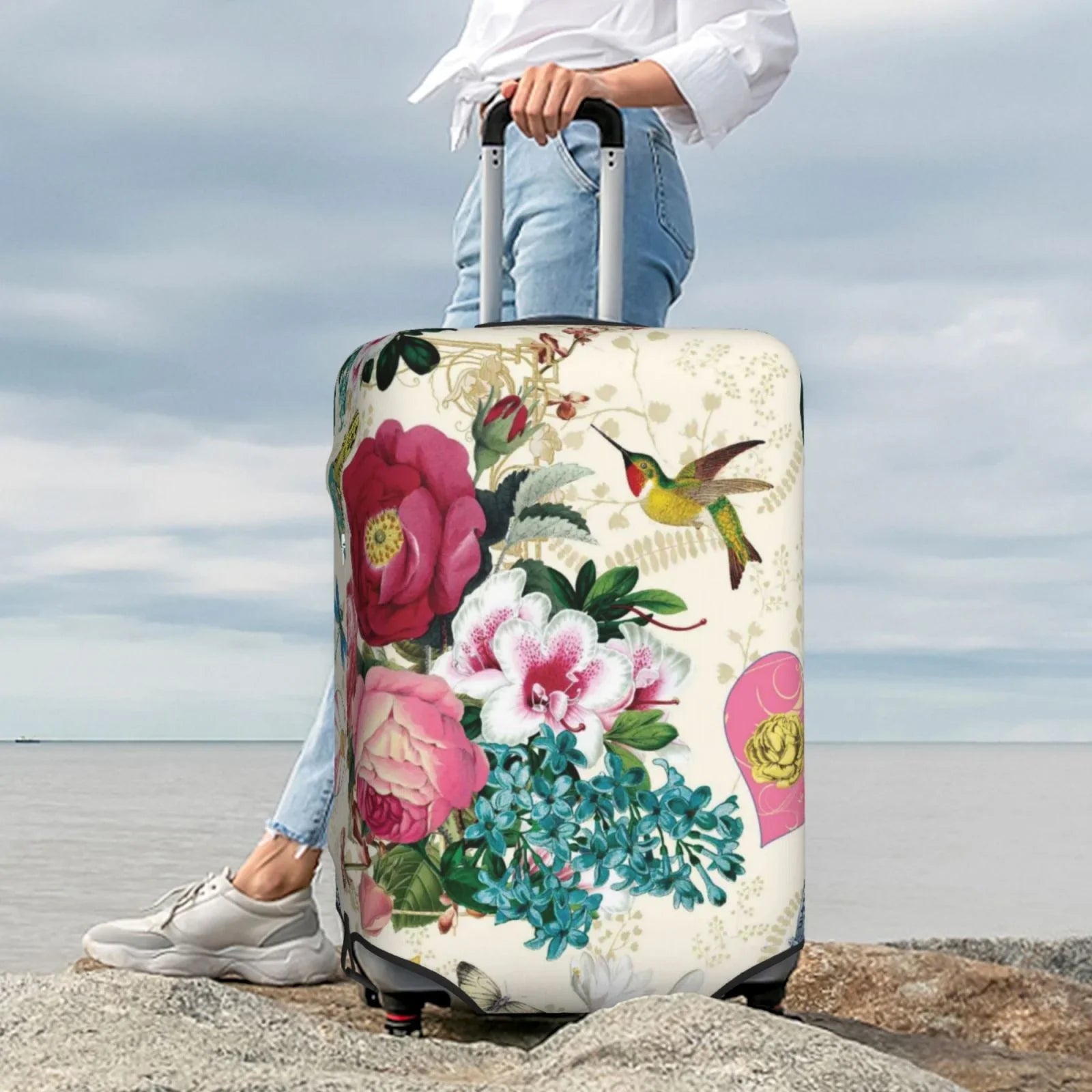 Cover Suitcase Easygdp Bird with Protective Elastic Print Butterfly Hidden 18-32 and Zipper -Medium inch Washable Rose Fits Luggage