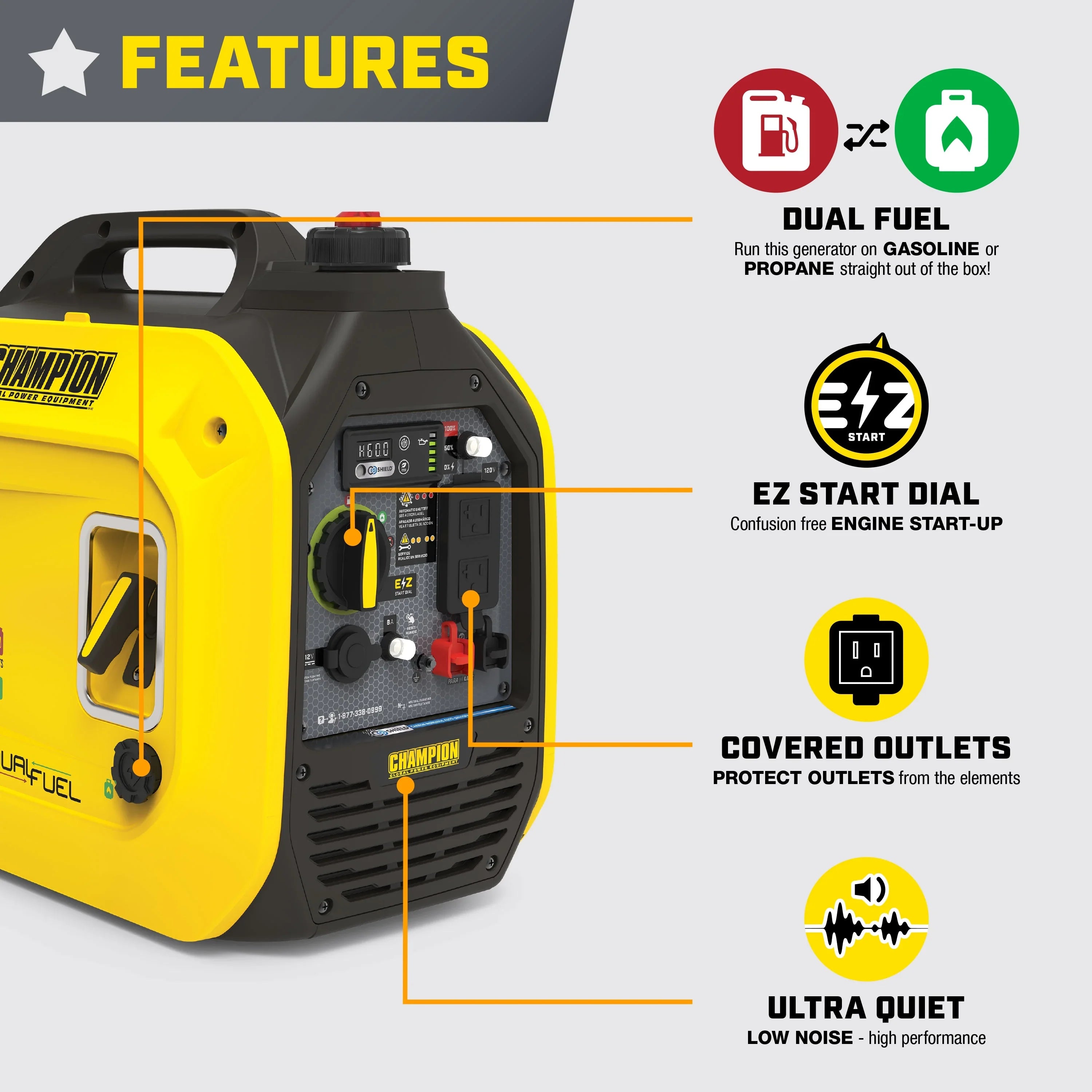 with Equipment Power Inverter 2500-Watt and Portable Generator Champion CO Quiet Technology Dual Fuel Shield