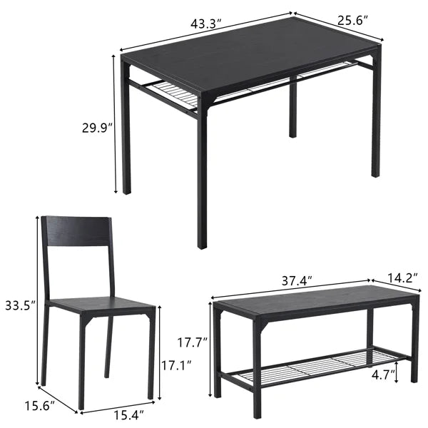 Ideal 4-Piece ALFRESCO 2 Table 1 for Dining Small Set - Chairs, Bench, Spaces Black Includes for 4