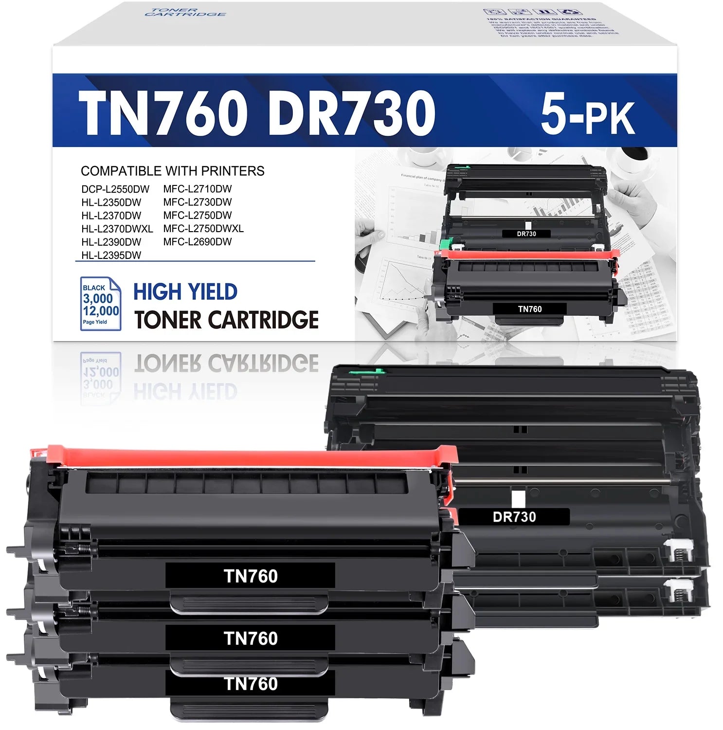 Cartridge Drum Yield Compatible DR730 ) DR730 TN760 for Set 2x Toner, DCP-L2550DW Unit Printer Unit High MFC-L2690DW and TN-760 Drum HL-L2350DW Toner Black (3x Brother MFC-L2710DW