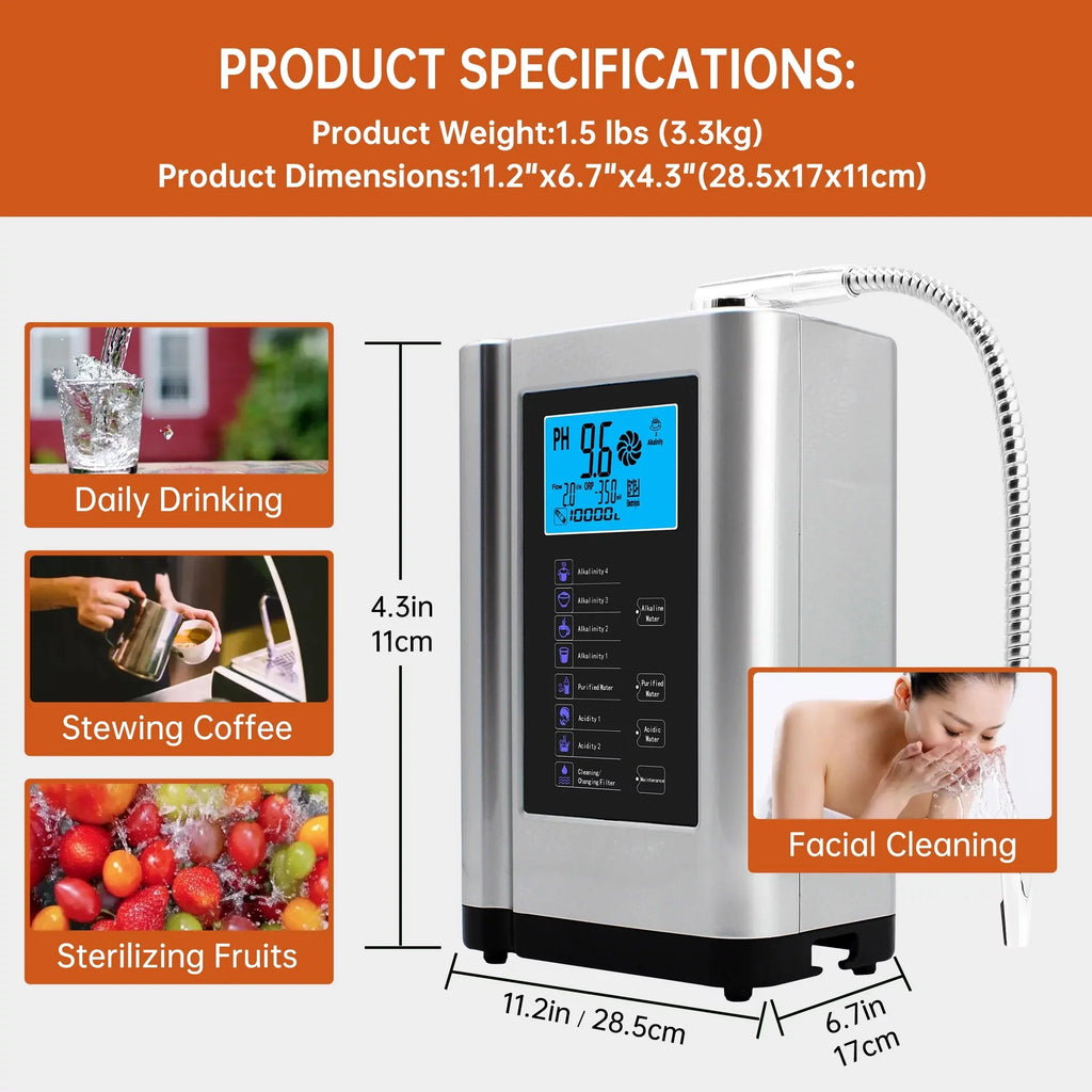 Acid 8000 Ionizer, Water -500mV PH Per to Purifier Alkaline Water Machine,Up Filter,7 Settings,Auto-Cleaning,Intelligent Liters Water Alka 3.5-10.5 ORP, Machine Water Voice(Silver)