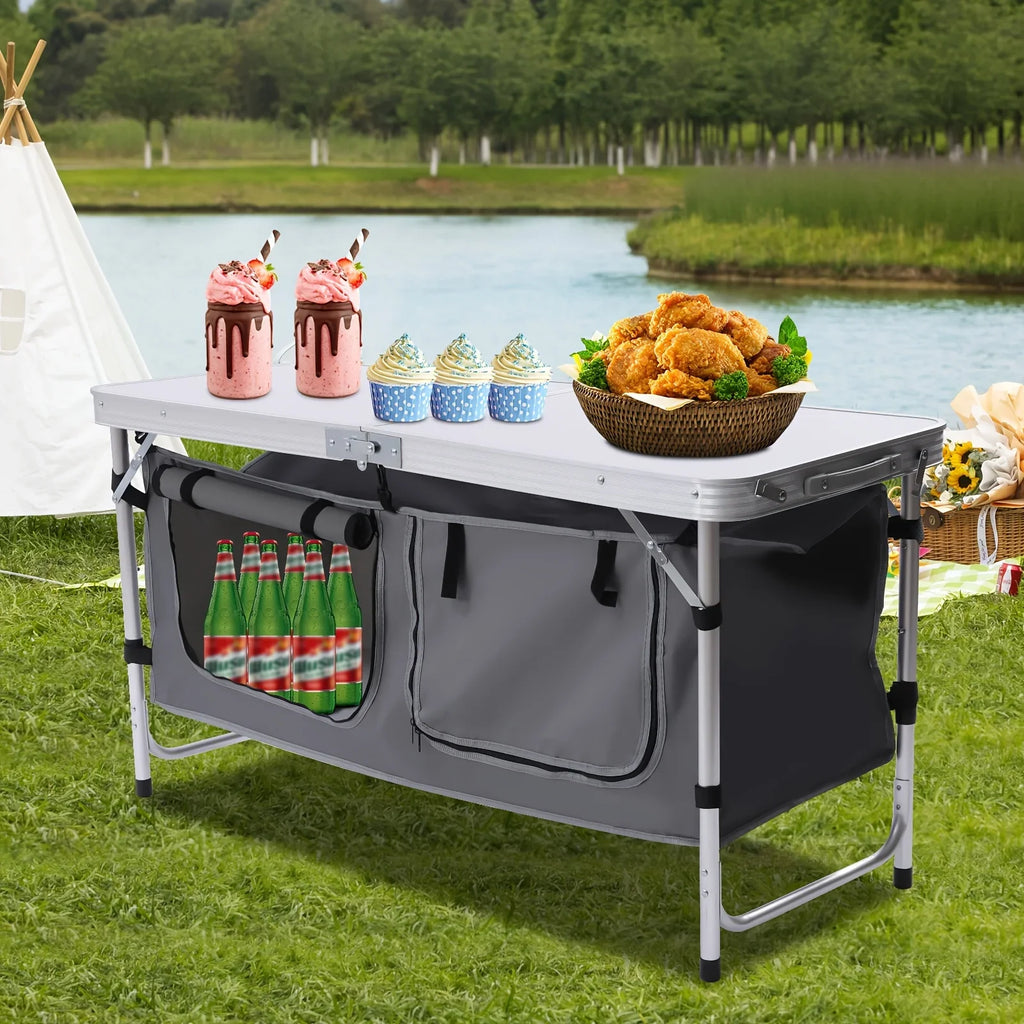 Adjustable BBQ Tailgating Backyards Compartment Table Height Table Indoor Perfect Camping Kitchen Outdoor Picnic Camp Lightweight Table with Folding Storage for
