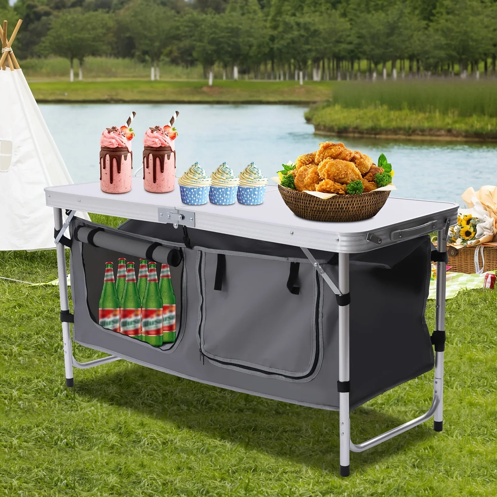Adjustable BBQ Tailgating Backyards Compartment Table Height Table Indoor Perfect Camping Kitchen Outdoor Picnic Camp Lightweight Table with Folding Storage for